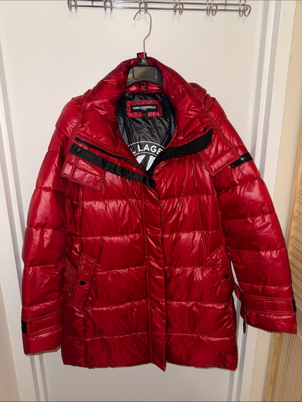 Karl Lagerfeld Red Quilted Shiny Puffer Jacket with Black Trim